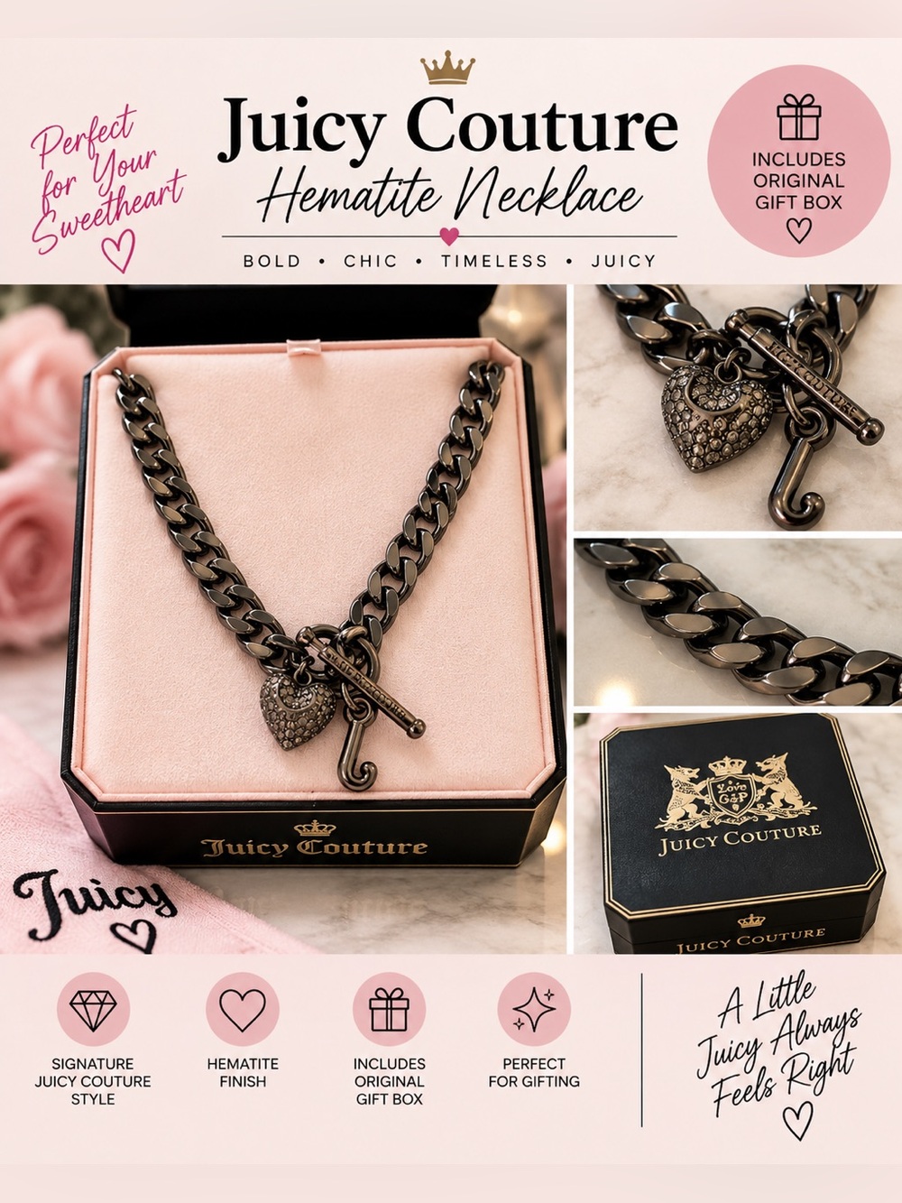 💕Juicy Couture Hematite Necklace-includes gift box! 💕Perfect for your sweetheart